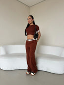 Conjunto Modal Canelado Cropped e Calça com Listra Megan